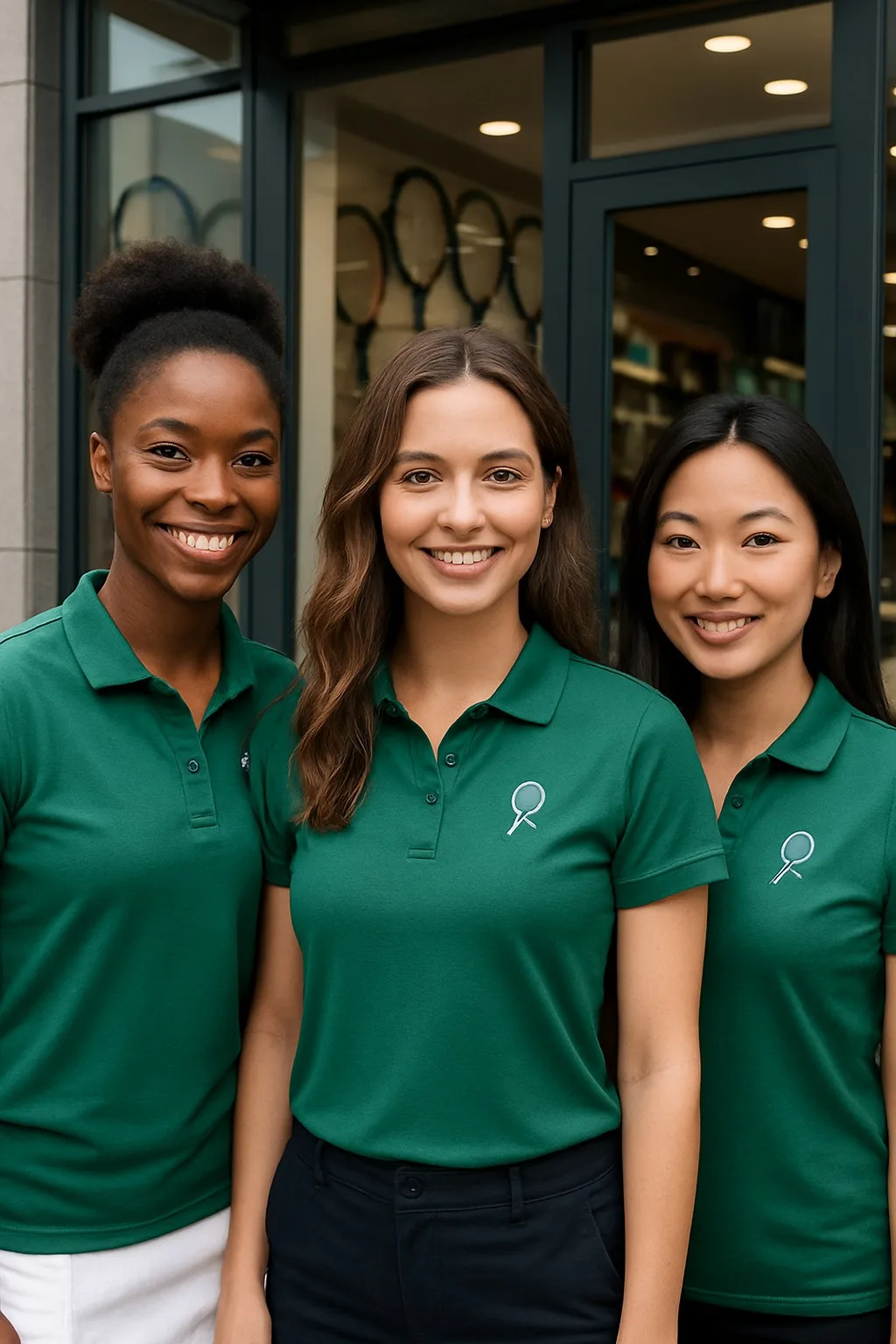 Three beautiful women staff members of Juniper Crest Land standing in front of the store