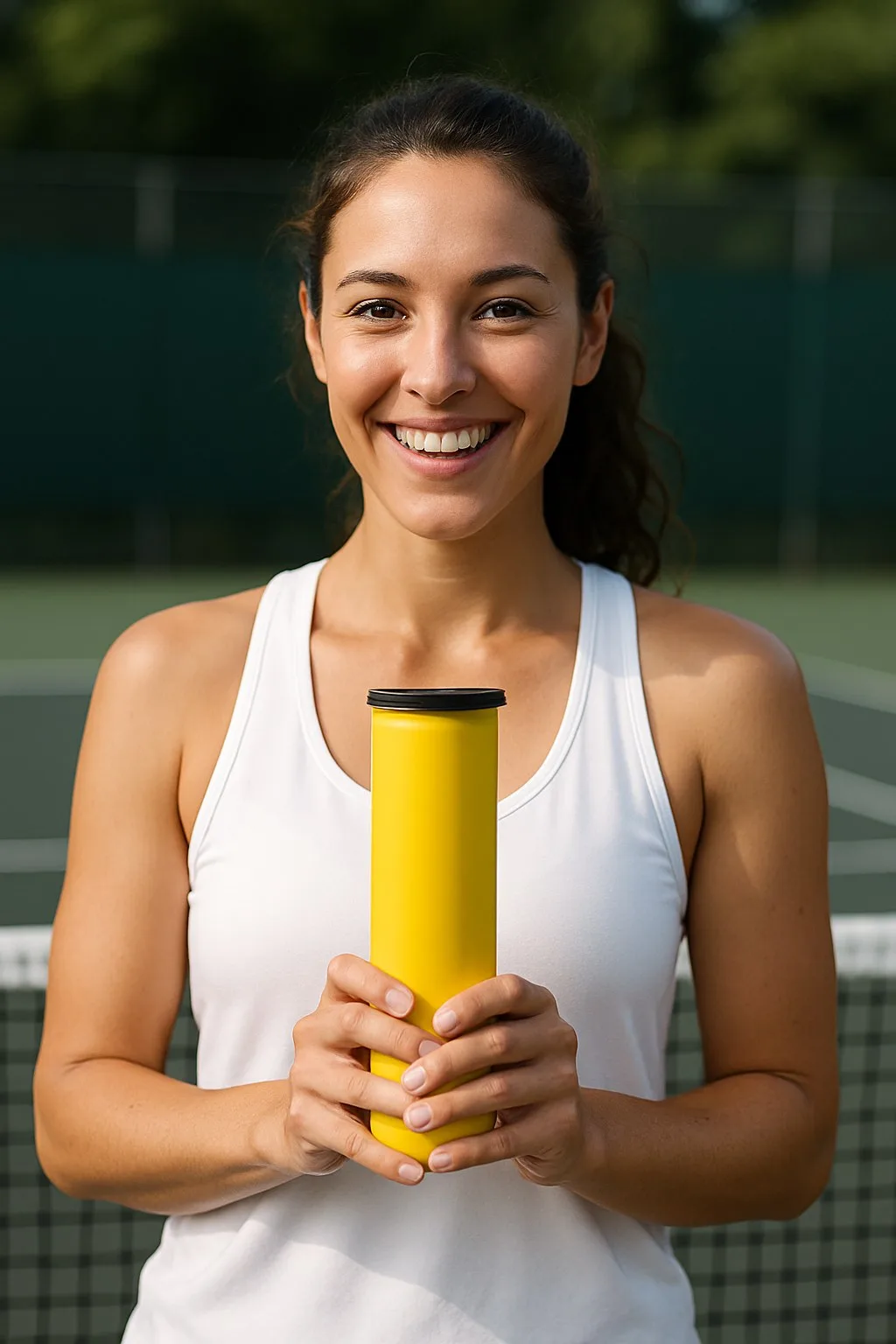 Beautiful woman holding a tube of Tour Pressureless training balls