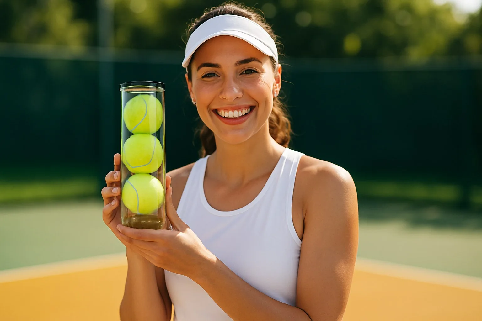 Beautiful woman tennis player holding a tube of tennis balls