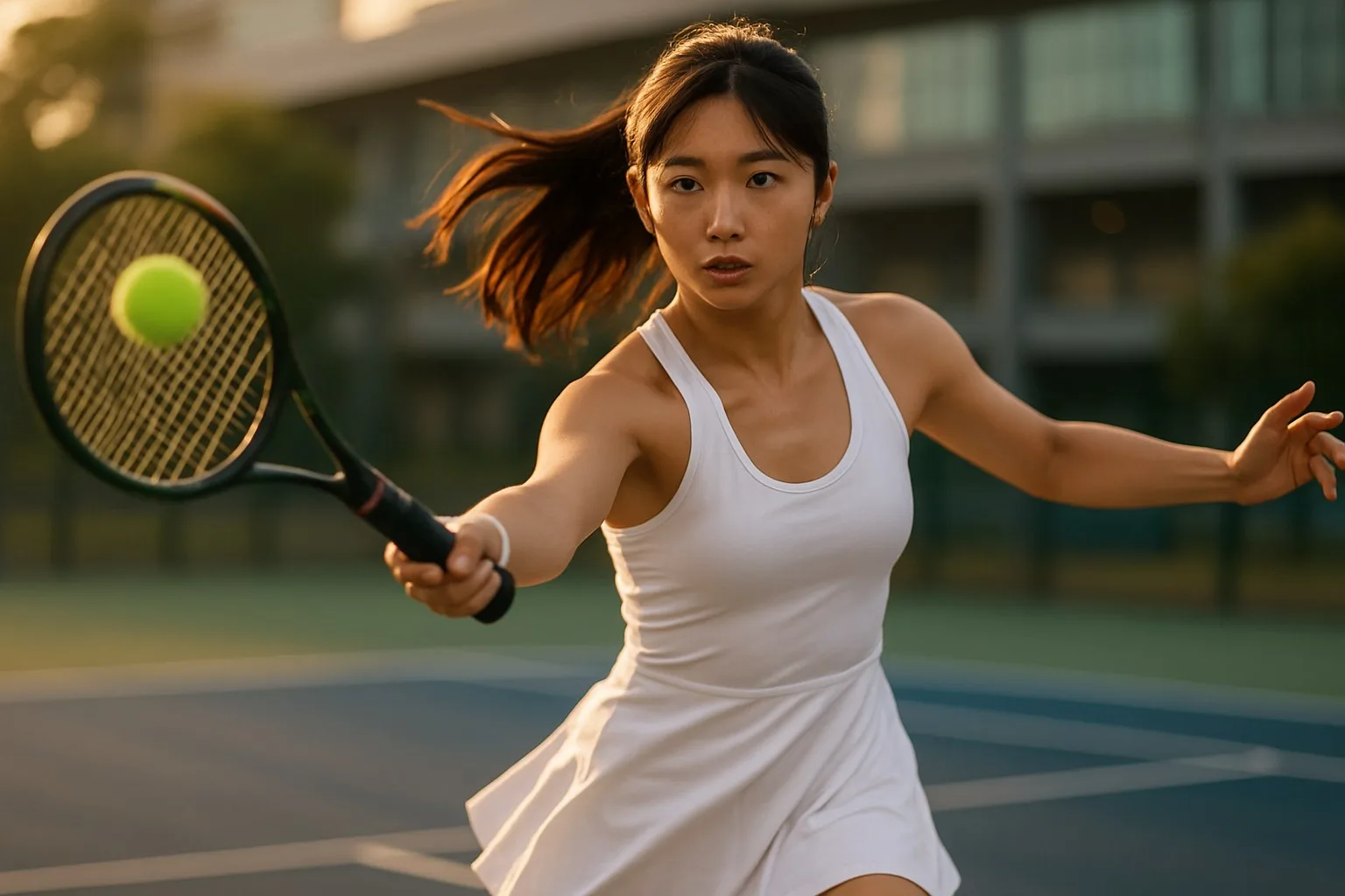 Beautiful young woman tennis player smiling and holding a tennis racket on an outdoor court