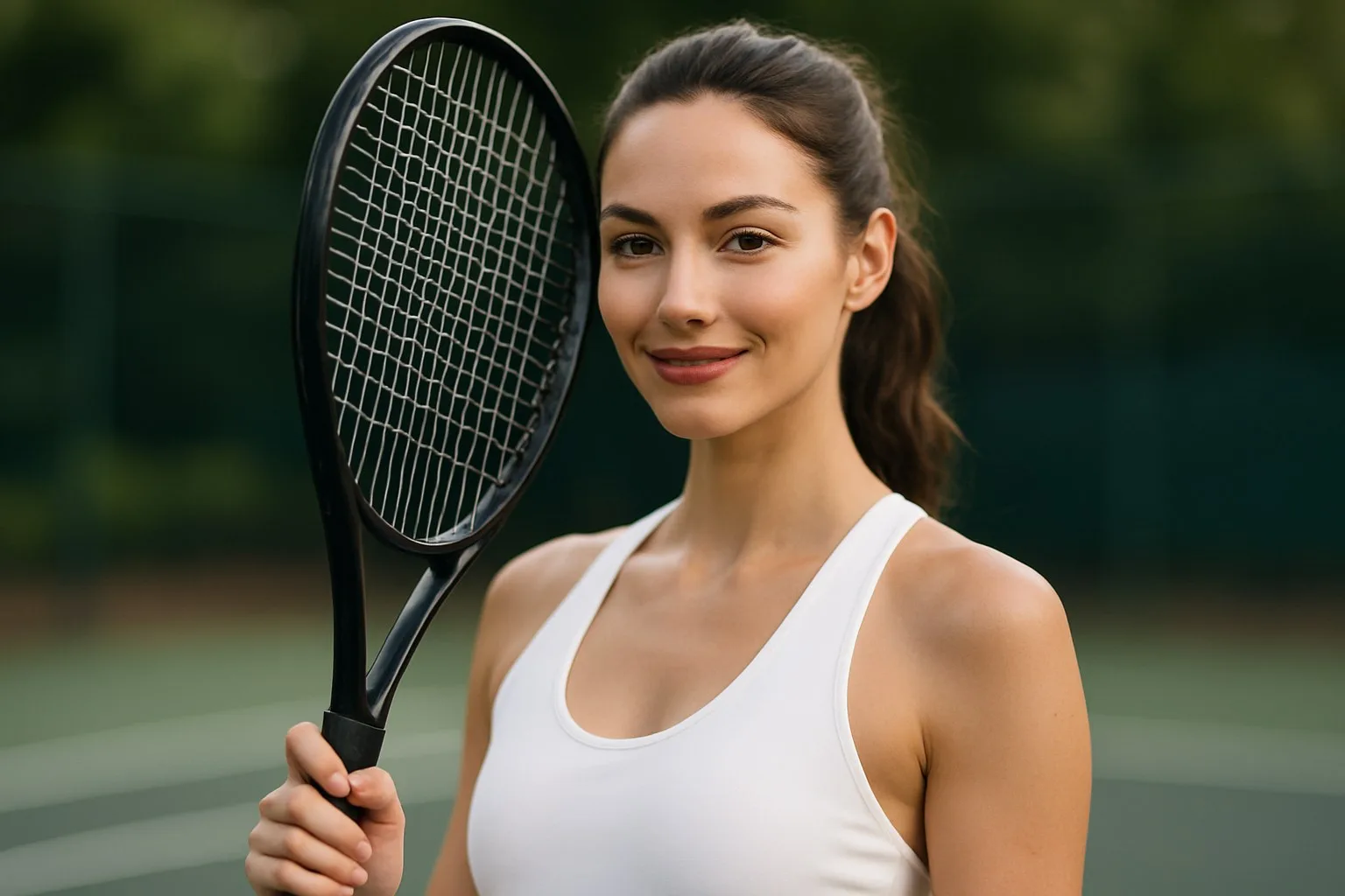 Beautiful woman tennis player holding a premium tennis racket